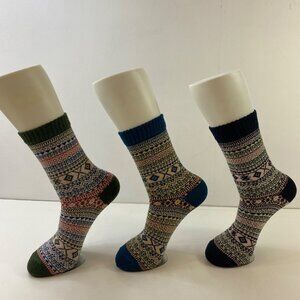 Womens Crew Socks Set 3 Fair Isle Nordic Pattern Green Blue Black Orange Red